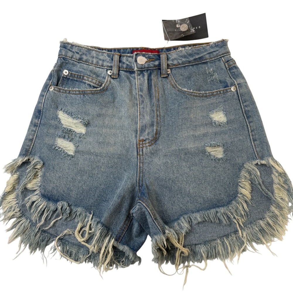 Signature 8 Denim Shorts Women Small Blue Distressed Frayed Hem High Rise New